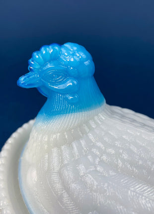 White and Blue Glass Hen in a Basket. Milk Glass Chicken Sitting on Eggs in a Basket. Butter Dish, Storage Bowl with Lid. Collectible Hen.