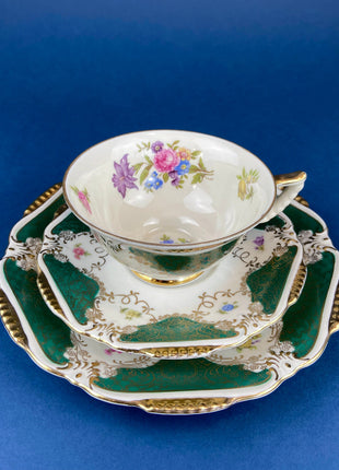 Vintage Tea Cup, Saucer, & Dessert Plate Trio by Waldershof, Bavaria. Hand-Painted Green with Gold Panels and Flowers. Collectible Porcelain