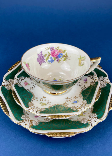 Vintage Tea Cup, Saucer, & Dessert Plate Trio by Waldershof, Bavaria. Hand-Painted Green with Gold Panels and Flowers. Collectible Porcelain