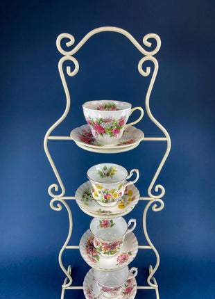 Vintage Tea Cup, Saucer, & Dessert Plate Trio by Waldershof, Bavaria. Hand-Painted Green with Gold Panels and Flowers. Collectible Porcelain