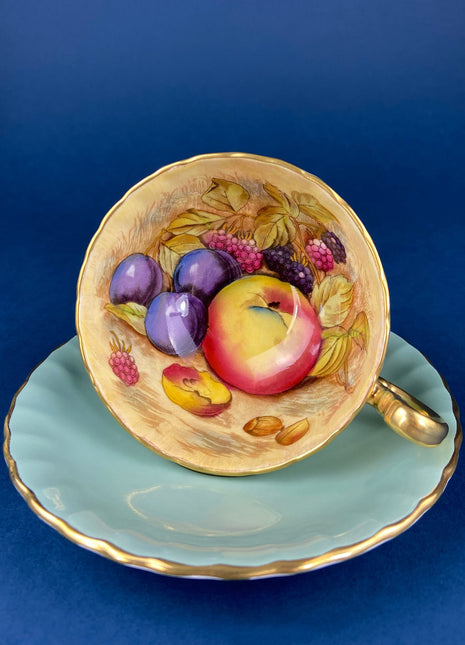Vintage Tea Cup & Saucer. Aynsley Fine Bone China. Beautiful Fruit Motif: Peaches, Plums, Berries. Collectible Tea Set. Gift for Him or Her.