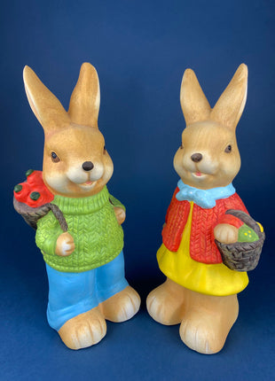 Large Bunny Figurines. Vintage Hand Painted Satin Finish Porcelain Bunny Girl & Boy. Pair of Large Bunnies or Rabbits Carrying Baskets.