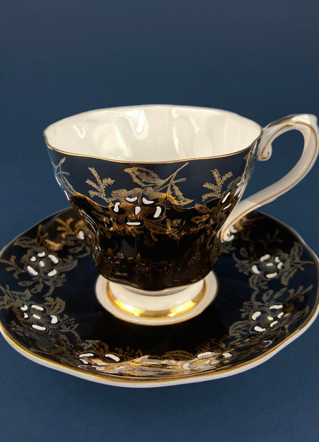 Vintage, Black & Gold Cup and Saucer. Royal Grafton Fine Bone China. Gold, Handpainted Floral Motifs. Collectible. Gift for Him or Her.