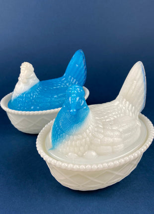 White and Blue Glass Hen in a Basket. Milk Glass Chicken Sitting on Eggs in a Basket. Butter Dish, Storage Bowl with Lid. Collectible Hen.
