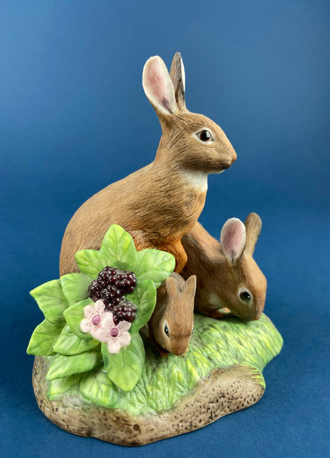 Brown Rabbit with Babies , In the Meadow by RW OM. Porcelain Figurines.