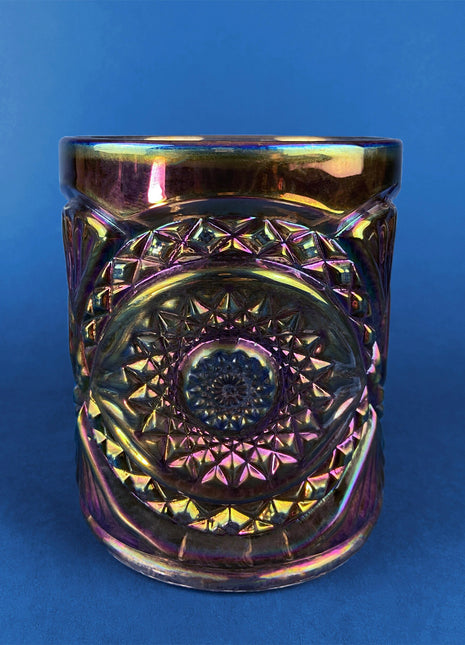 Vintage, Imperial Hobstar Carnival Glass Storage Jar or Flower Vase. Iridescent, Peacock Colored Glass Canister. Countertop Container.