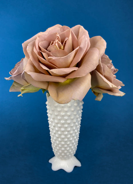 Vintage 6" White Trumpet Vase. Milk Glass, Raised Pattern. Dots, Stars, Flowers, and Scalloped Edge. Small Footed Milk Glass Flute Vase.