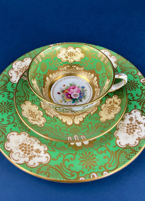 Vintage Tea / Coffee Serving Trio by Staffordshire. Teacup / Saucer / Plate. Amazing Old Porcelain Set Made in England. Green Gold Pink