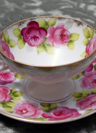 Antique Cup and Saucer - Hand Painted Roses & Leaves