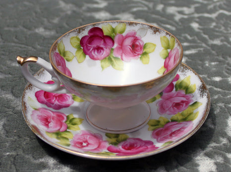 Antique Cup and Saucer - Hand Painted Roses & Leaves