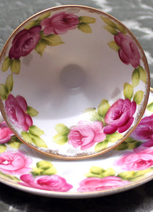 Antique Cup and Saucer - Hand Painted Roses & Leaves