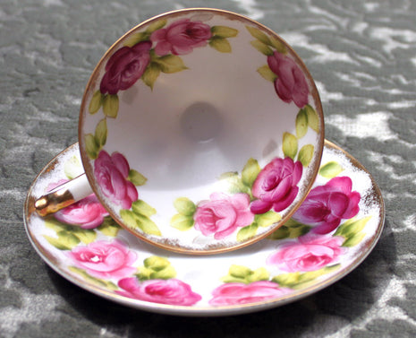 Antique Cup and Saucer - Hand Painted Roses & Leaves