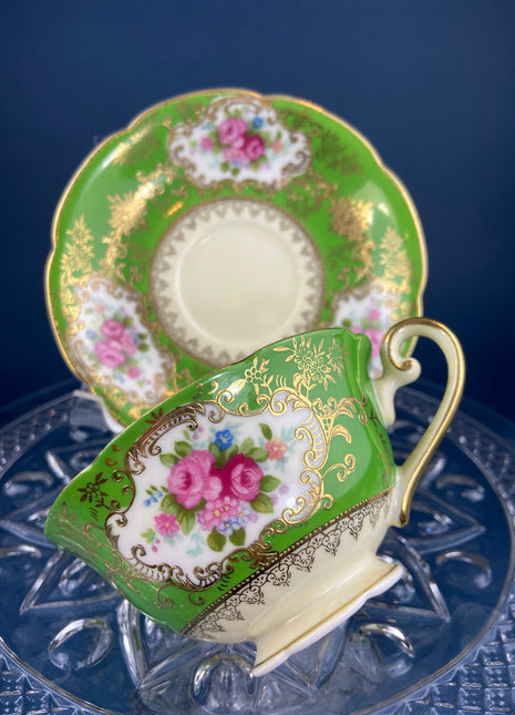 Antique Cup and Saucer Made in Occupied Japan. Emerald Green, Gold, and Pink. Beautiful Pattern.
