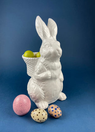 Bunny Shaped Vase. White Porcelain Rabbit Wearing Blue Top Hat and Bow Tie. Children's Room Decor. Easter/Spring Celebration.