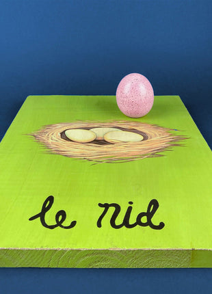 Vintage Nest with Eggs Print on Wood Board. "Le Nid" in French Meaning "Nest." Great Kitchen Sign or Cafe Decor. Housewarming Gift. Easter.