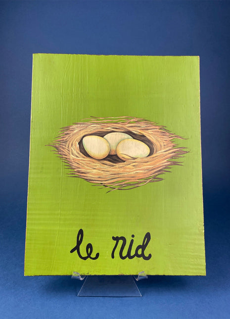 Vintage Nest with Eggs Print on Wood Board. "Le Nid" in French Meaning "Nest." Great Kitchen Sign or Cafe Decor. Housewarming Gift. Easter.