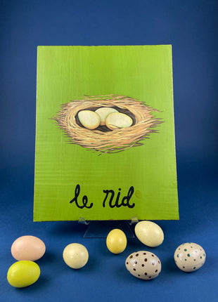 Vintage Nest with Eggs Print on Wood Board. "Le Nid" in French Meaning "Nest." Great Kitchen Sign or Cafe Decor. Housewarming Gift. Easter.