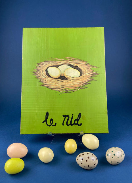 Vintage Nest with Eggs Print on Wood Board. "Le Nid" in French Meaning "Nest." Great Kitchen Sign or Cafe Decor. Housewarming Gift. Easter.