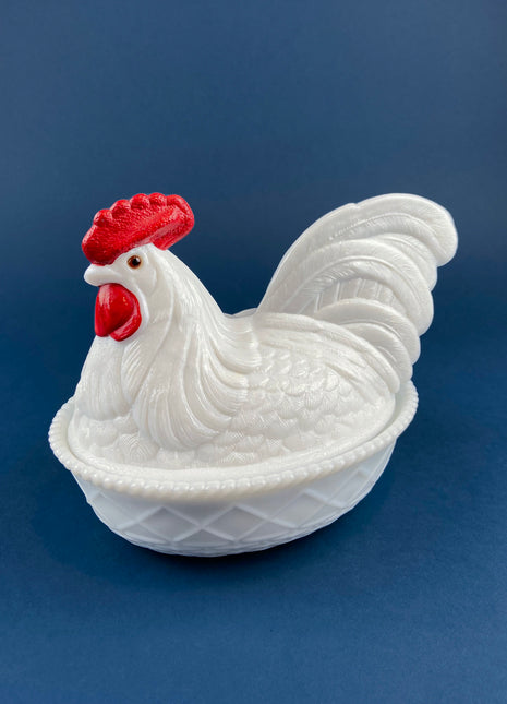 Westmoreland Rooster on Nest Covered Bowl. Large Milk Glass Lidded Dish. White with Red Details Serving Dish. Collectible Milk Glass.