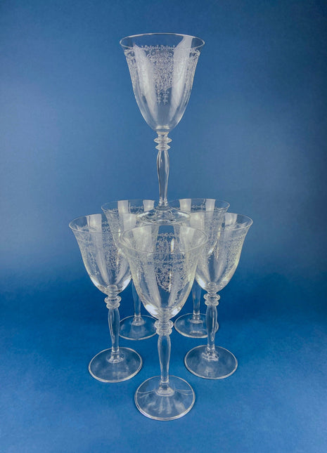 Etched Crystal Large Goblets. Set of 6 Oversized, Wine or Water Glassware. Persian Motif with Lotus. Collectible Stemware.