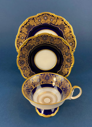 Antique Cup and Saucer Trio. Cobalt Blue Cup, Saucer & Dessert Plate with Gold, Handpainted, Floral Motifs. Weimar Kobalt Dora, Germany.