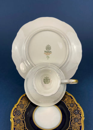 Antique Cup and Saucer Trio. Cobalt Blue Cup, Saucer & Dessert Plate with Gold, Handpainted, Floral Motifs. Weimar Kobalt Dora, Germany.