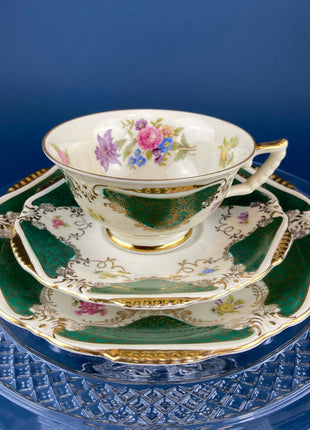 Vintage Tea Cup, Saucer, & Dessert Plate Trio by Waldershof, Bavaria. Hand-Painted Green with Gold Panels and Flowers. Collectible Porcelain