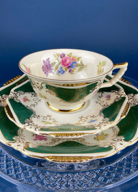 Vintage Tea Cup, Saucer, & Dessert Plate Trio by Waldershof, Bavaria. Hand-Painted Green with Gold Panels and Flowers. Collectible Porcelain