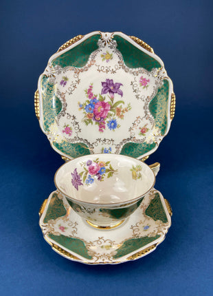 Vintage Tea Cup, Saucer, & Dessert Plate Trio by Waldershof, Bavaria. Hand-Painted Green with Gold Panels and Flowers. Collectible Porcelain