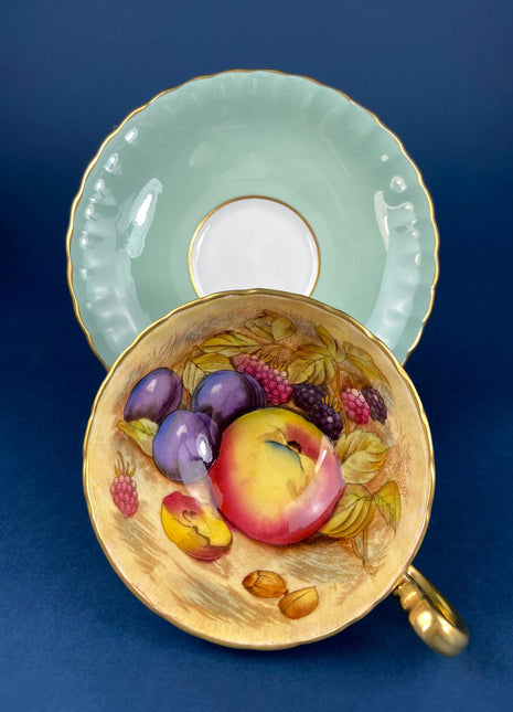 Vintage Tea Cup & Saucer. Aynsley Fine Bone China. Beautiful Fruit Motif: Peaches, Plums, Berries. Collectible Tea Set. Gift for Him or Her.