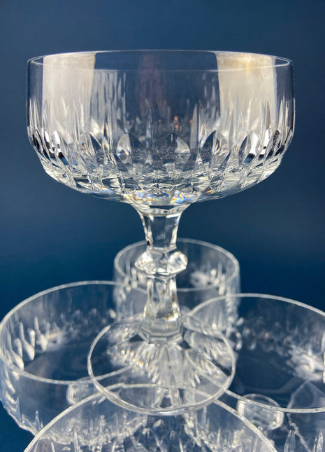 Cut Crystal Champagne Glasses. Geometrical Motif. Set of 6 Stemware. Incredible Shimmer & Ping. Wedding Gift. Housewarming Celebration.