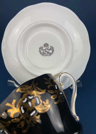 Vintage, Black & Gold Cup and Saucer. Royal Grafton Fine Bone China. Gold, Handpainted Floral Motifs. Collectible. Gift for Him or Her.