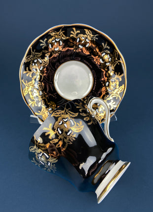 Vintage, Black & Gold Cup and Saucer. Royal Grafton Fine Bone China. Gold, Handpainted Floral Motifs. Collectible. Gift for Him or Her.