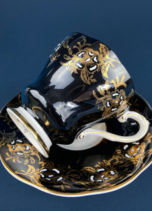 Vintage, Black & Gold Cup and Saucer. Royal Grafton Fine Bone China. Gold, Handpainted Floral Motifs. Collectible. Gift for Him or Her.