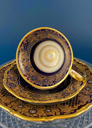 Antique Cup and Saucer Trio. Cobalt Blue Cup, Saucer & Dessert Plate with Gold, Handpainted, Floral Motifs. Weimar Kobalt Dora, Germany.