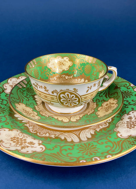 Vintage Tea / Coffee Serving Trio by Staffordshire. Teacup / Saucer / Plate. Amazing Old Porcelain Set Made in England. Green Gold Pink