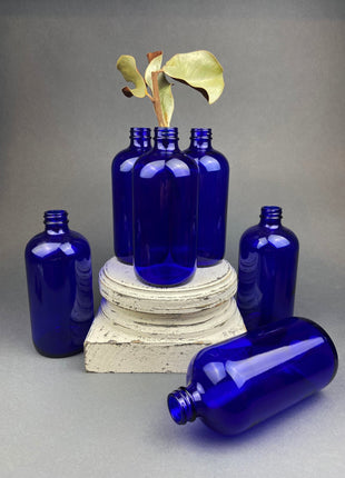 Vintage Glass Apothecary Bottles with Stoppers. Cobalt Blue Collectible Caps For Home, Cafe or Store Display.