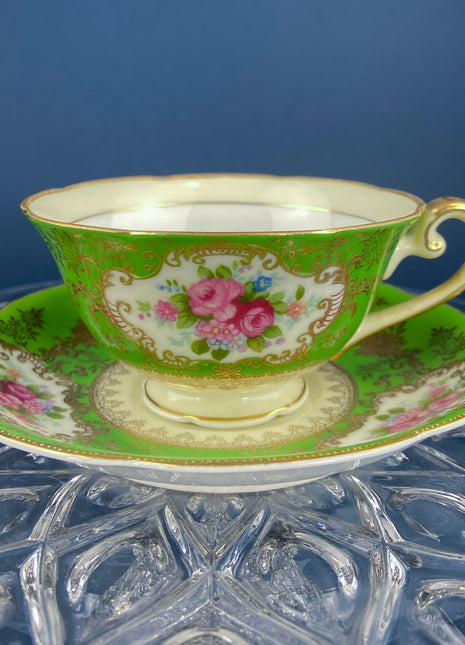 Antique Cup and Saucer Made in Occupied Japan. Emerald Green, Gold, and Pink. Beautiful Pattern.