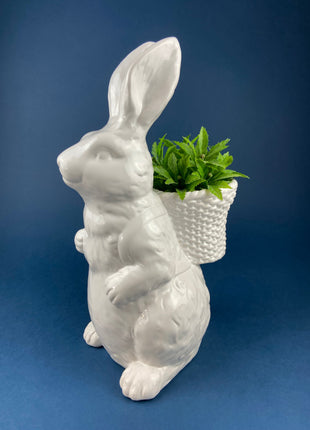 Bunny Shaped Vase. White Porcelain Rabbit Wearing Blue Top Hat and Bow Tie. Children's Room Decor. Easter/Spring Celebration.