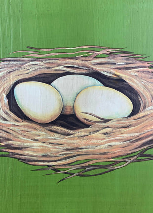 Vintage Nest with Eggs Print on Wood Board. "Le Nid" in French Meaning "Nest." Great Kitchen Sign or Cafe Decor. Housewarming Gift. Easter.