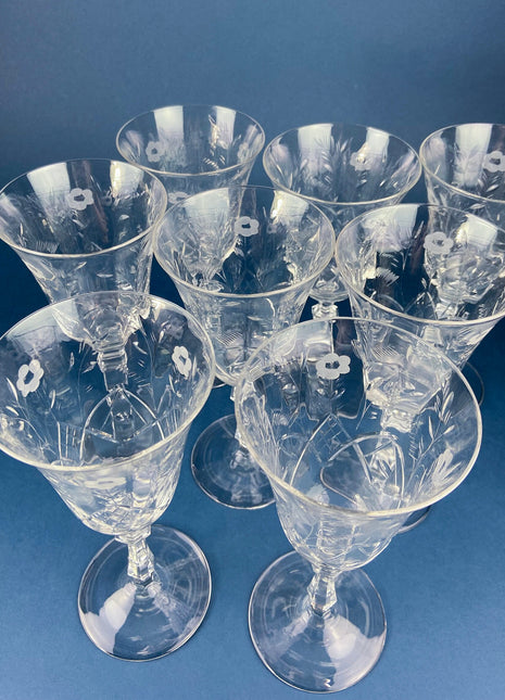 Vintage, Cut Crystal Wine or Water Goblets. Rose or Daisy Motif. Set of 8 Stemware. Incredible Shimmer & Ping. Wedding Gift. Housewarming.
