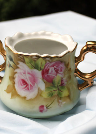 Victorian Lefton Open Sugar Bowl with Scalloped Rim and Golden Handles