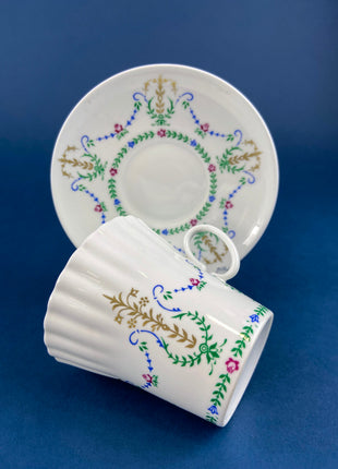 Vintage English Tea Cup and Saucer by Royal Chelsea. Antique Hand Decorated Teaware.