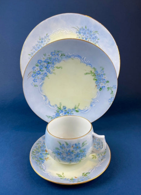 Salad or Bread or Display Plates by Silesia. Set of Four Hand Painted Plates with Forget Me Not and Gold Rim. European Porcelain Plates.