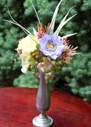 Small Silk Flower Arrangement in a Vintage Pewter Vase