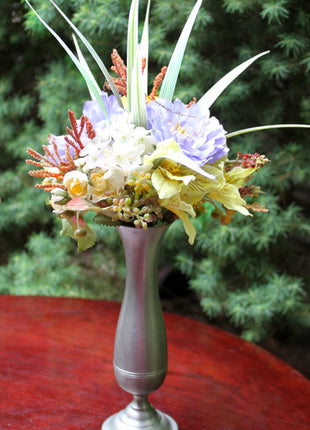 Small Silk Flower Arrangement in a Vintage Pewter Vase
