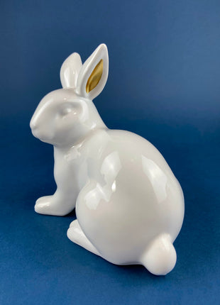 White Porcelain, Minimal Bunnies. Mom Rabbit with Two Babies. Set of Three Figurines. Mom has Gold Lined Ears. Kids Room Decor. EasterDecor