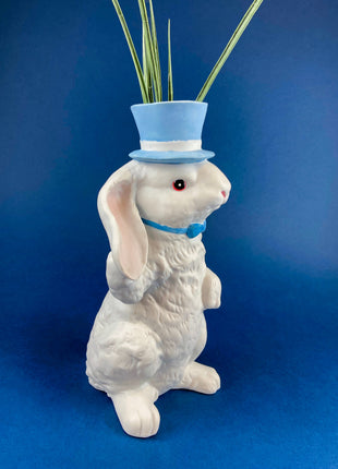 Bunny Shaped Vase. White Porcelain Rabbit Wearing Blue Top Hat and Bow Tie. Children's Room Decor. Easter/Spring Celebration.