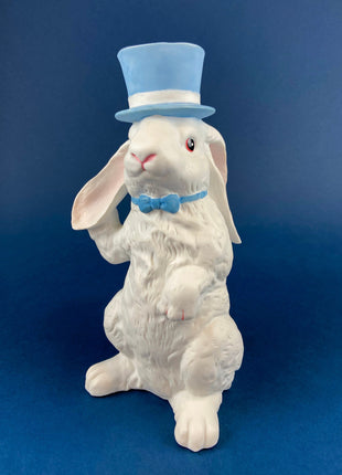 Bunny Shaped Vase. White Porcelain Rabbit Wearing Blue Top Hat and Bow Tie. Children's Room Decor. Easter/Spring Celebration.