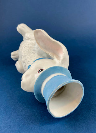Bunny Shaped Vase. White Porcelain Rabbit Wearing Blue Top Hat and Bow Tie. Children's Room Decor. Easter/Spring Celebration.